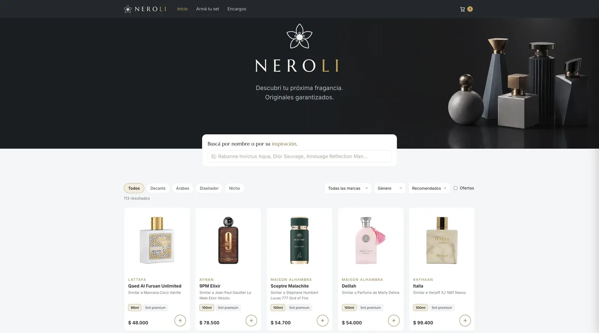 Captura de escritorio del e-commerce de Neroli Perfumes